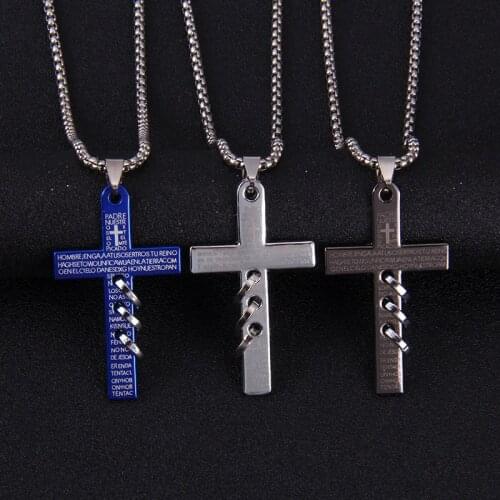 New Punk Style Jesus Christ Blue Metal Cross Stainless Steel Necklace Mary God Scripture Couple Pendant Birthday Anniversary Gif