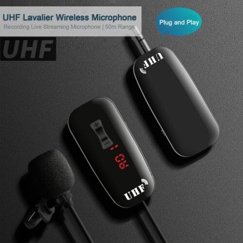 UHF Lavalier Wireless Microphone Mini Lapel Recording Live Streaming Microphone 50UHF for Camcorder Smartphone Laptop 50m Range