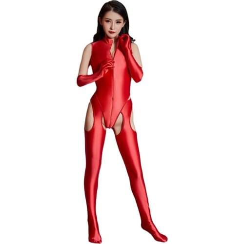 Sexy Hot Erotic Lingerie for Women Hollow Sheer Oil Shiny Bodysuit Set High Elastic Clubwear Dance Bodystockings Front Zipper
