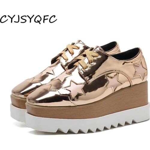 CYJSYQFC Autumn Winter Women Patent Leather Stars Wedges Sneakers Fashion Lace Up Brogue Shoes Champagne High Platform Footwear