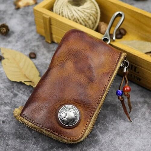 Genuine Real Leather Vintage Car Key Case Cowhide Zipper Key Holder Pouch Men Women Housekeeper Credit Bank Card Case Pocket