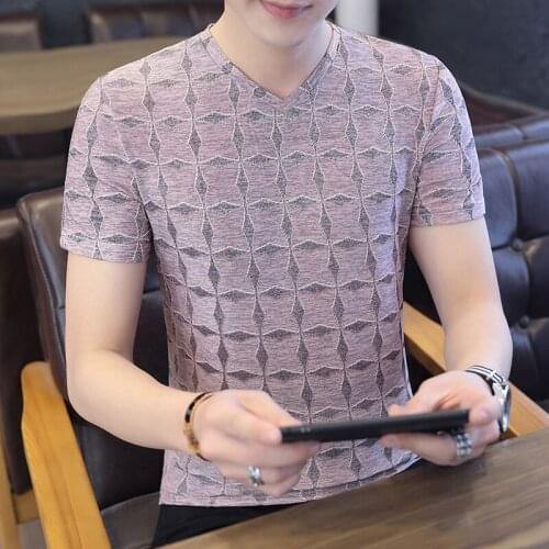 Fiber Short-Sleeved T-shirt Mens Korean Version Fashion Shirt Youth Fashion Personality Slim V-neck Summer Half-Sleeve