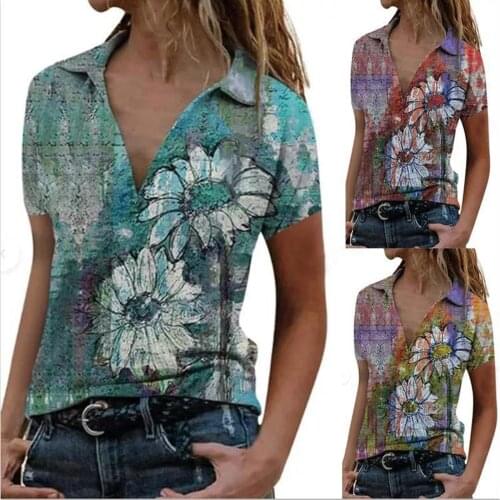 Women Short Sleeve Deep V-neck T-Shirt Retro Fashion Sunflower Printing Blouse Top Daily All-match Lovely Girls T-shits