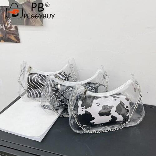 Women Casual Printing PU Underarm Bag Retro Chain Handbags Clear Composite Multilayers Vintage Design Lady Handbag