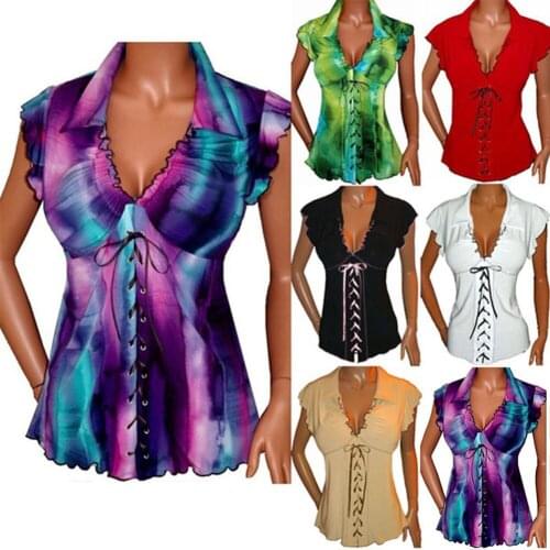 New Sexy Women Lapel V-Neck Bandage Lace Up Ruffled Short Sleeve Top T-Shirt Blouse Summer Women Chiffon Tops Elegant Blouse