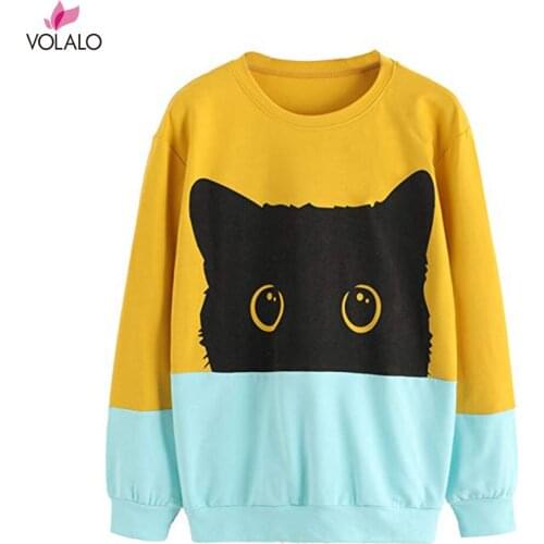 Lovely Cat Prined Hoodie Women Long Sleeve Casual Sweatshirt O-Neck Color Block Pullover Tracksuit