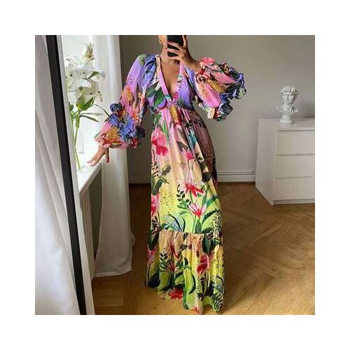 Women Maxi Dresses 2021 Vintage Floral Print Deep V-Neck Sandbeach Holiday Long Dress Bohemian Vestidos African Sexy Party Dress