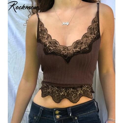 Rockmore Brown Lace Frill Tank Tops V Neck Camis Women Sexy Cropped Top Tees Summer Y2K Knitted Mini Vest 90S Streetwear Fashion