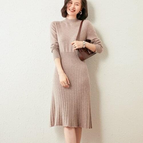 Ladies Dress Hot Sale 100% Pure Goat Cashmere Knitting Dresses Winter New Fashion Top Grade 6Colors Oneck Women Dress