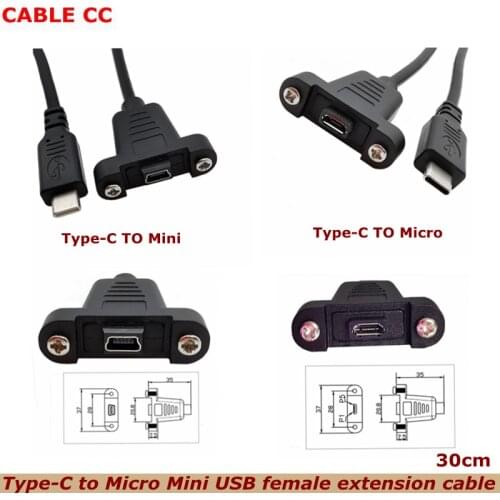 30cm Type-C USB 3.1 male connector, with Micro USB female Mini USB extension cable, with screw panel mounting holes