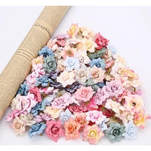 50PCS Mini Rose Artificial Fake Flower Head 4.5CM Wedding Christmas Party Decoration DIY Wreath Scrapbook Gift Graft Needlework