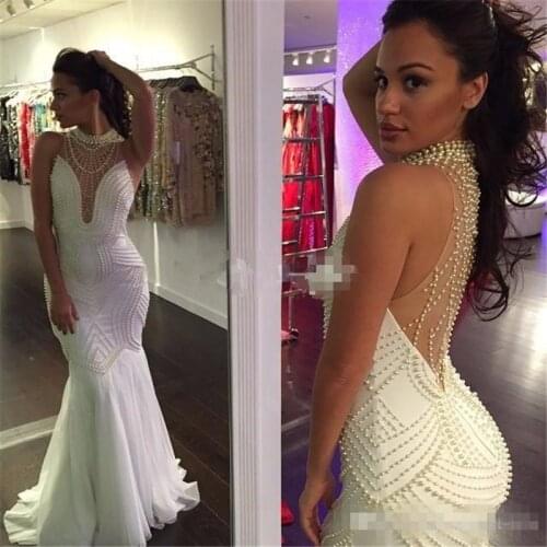 Noble Graceful Sheer Beaded Pearls Ivory Mermaid Evening Dresses Long 2019 Vestidos De Festa Sexy High Neck Chest Slit Gowns