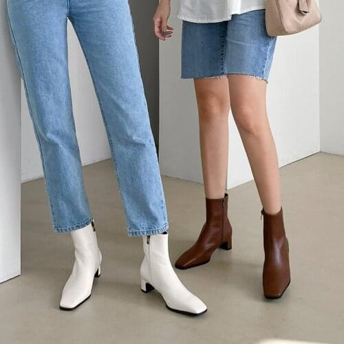 Leather High Heel Ankle Boots Womens Shoes Square Head Thick Heel Platform Shoes Zipper Ankle Boots Autumn and Winter Size33-42