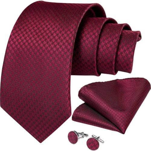 DiBanGu Men Tie Red Wine Solid Plaid Design Silk Wedding Tie For Men Hanky Cufflink Set Fashion Bussiness Party Dropshipping