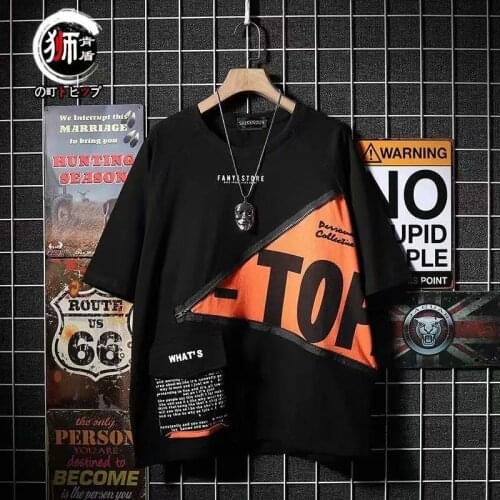 T-shirt Short-sleeve Shirt Man Black Oversize O Neck Stitch Japanese Streetwear Hip Pop Fashion Harajuku Tee Shirt Summer Tops