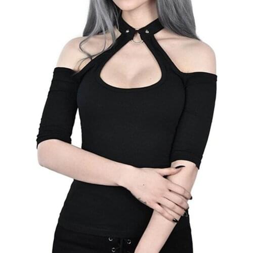 New Women Girls Fashion Gothic T Shirt Cold Shoulder Halter Neck Chain Punk Tees Top T Shirts Party Clubwear slim lady backless