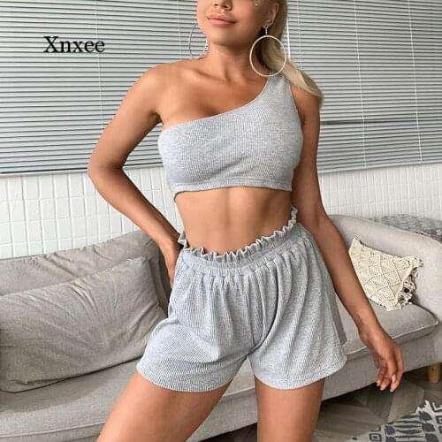 Streetwear One Shoulder crop top shorts set Summer Women Sexy Bodycon Solid Knitted Sport Casual Women Yoga Sportswear outfit