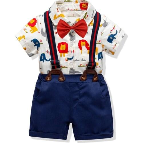 Oklady 2019 Summer Baby Boys Gentleman Clothes Suits Cotton Cartoon Pattern Long Sleeve Red Bowtie Shirt+Blue Shorts