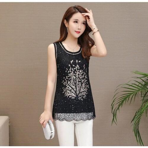 Sweet Sleeveless Embroidery Floral Bead Black Beige White pink Lace O-neck Tank Mesh Top Plus Size Women T Shirt
