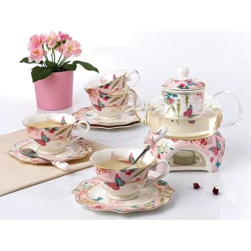 FASHION SAKURA BUTTERFLY FLOWER TEA TEA WARE COFFEE SET HEATABLE WARM TEA STOVE GLASS TEAPOT CERAMIC COFFEE CUP SAUCER SPOON SET