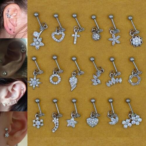 New Arrival 18styles Heart Hexagon Crystal Tragus Ear Piercing Plug Stainless Steel Daith Earrings Helix Cartilage Studs