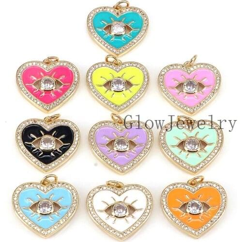 10Pcs, Gold Filled Enamel Colorful Eye Heart Shape Pendant,Rainbow Enamel eye Charm,Enamel heart Jewelry Findings,20mm