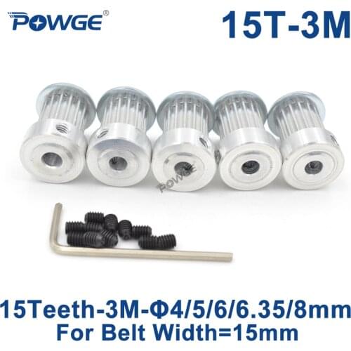 POWGE 5pcs 15 Teeth HTD 3M Timing Pulley Bore 4mm 5mm 6mm 6.35mm 8mm for Width 15mm 3M timing belt HTD3M Pulley 15Teeth 15T