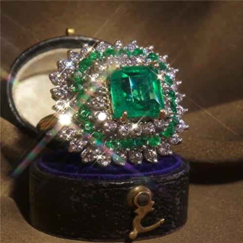 Luxury Antique Square Wedding Rings For Women Vintage With Bright Green Crystal Jewelry Silver Color Engagement Rings