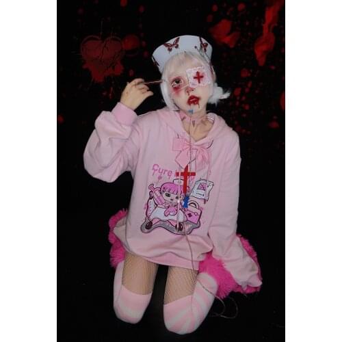 Pink Cute Anime Nurse Sweatshirt Kawaii Hoodies For Women Winter Full Sleeve Gothic Solft Girl Hoodies Pullover Top Oversized