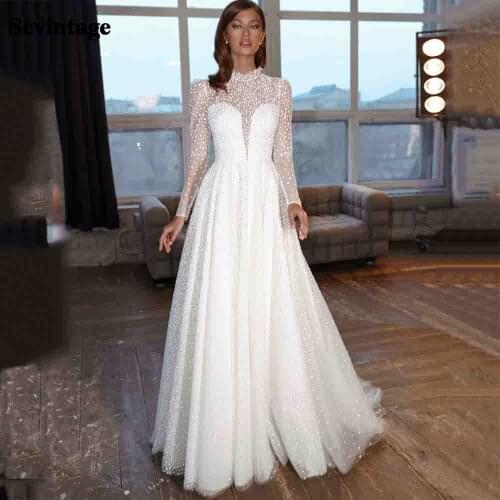Sevintage Illusion Wedding Dresses High Neck Glitter Full Sleeve A Line Bride Gowns Bling Sweep Train Princess Party Gown 2021