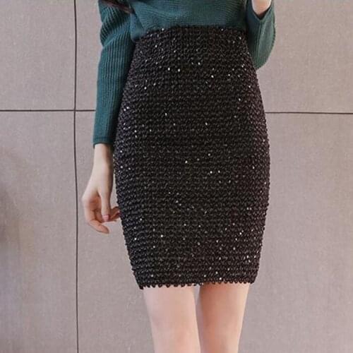 Spring and autumn show thin wrap hip skirt half womens new winter wool Sequin elastic one step skirt Hong Kong flavor chic wrap