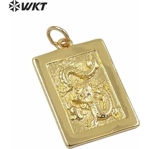 WT-MP185 WKT simple full gold electroplated square metal medals pendant with dragon unisex square gold dragon pendant