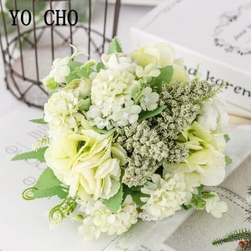 YO CHO Vivid Small Rose Artificial Flowers Bouquet Autumn Winter Hydrangea White Silk Fake Flower Wedding Home Decor Faux Flower