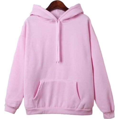 Pink Solid Casual Hooded Sweatshirt Women 2020 Autumn Winter Long Sleeve Drawstring Hoodies Korean Style Female Pocket Pullover