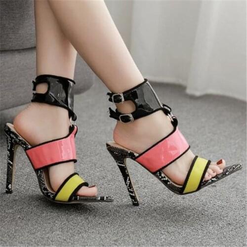 Women sandals PU Buckle Strap 11cm Thin Heels High heels Pointed Toe Shallow women shoes sandalias mujer 2020 size 35-42 Suit
