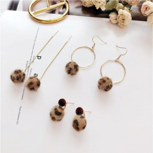 Korean Personality Long Chain Line Fashion Women Pom Pom Earrings Circle Ball Leopard Print Cute Fur Pendant Dangle Earrings
