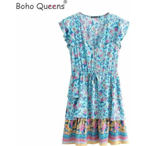 Boho Queens women floral print beach Bohemian Mini dress Ladies ruffles short sleeve v-neck rayon cotton Boho dress vestidos