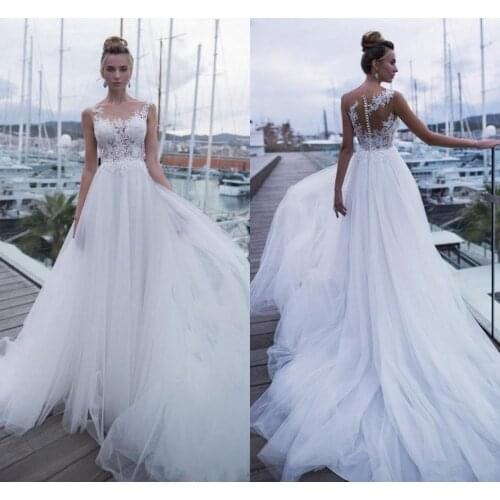 2020 Elegant Bohemian Sheer Neck Lace Beach Wedding Dresses Tulle Applique Bridal Wedding Dress Gowns Vestidos De Novia