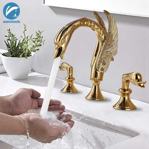 Golden Basin Faucet swan Style Widespread Bathroom Basin Sink Faucet Chrome Mixer Tap Dual Handle Crane Animal Shape Mixer Tap