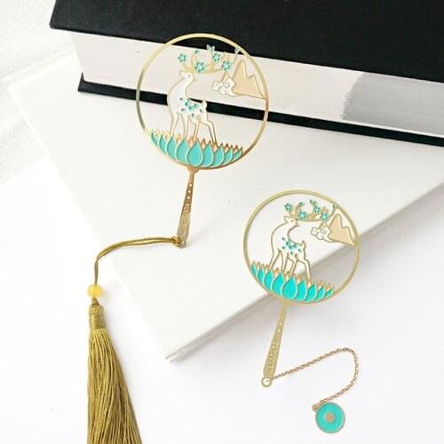 1pc Kawaii Lotus Deer Pendant Bookmark Cute Tassel Metal Pattern Book Mark Page Folder Decor Office School Supplies Stationery
