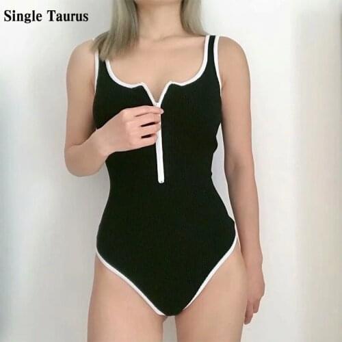 2021 Female Ribbed Bodysuits Summer Sleeveless Sexy Streetwear Slim Skinny Knitting Bodycon Zipper Neck Jumpsuit Romper Onesies