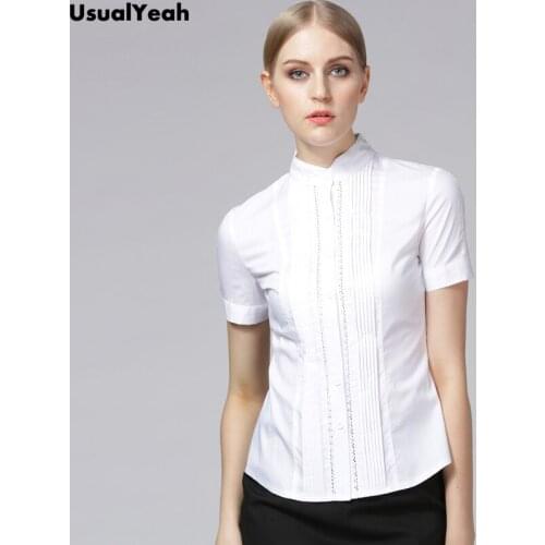 UsualYeah Women Blouses Summer Elegant Short Sleeve Pleated Cotton Slim Hollow Out Lace Tops Shirts Blue White S - XXL