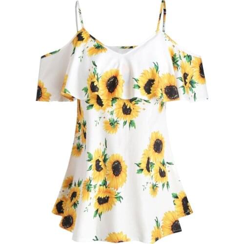 Plus Size Women Blouse Sunflower Printed Off Shoulder Camis Short Butterfly Sleeve Ruffles Blouse Summer Tops Blouses Femme 2021