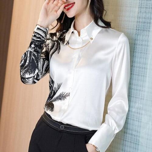 Womens Spring Summer Style Silk Blouses Shirts Womens Turn-down Collar Button Printed Long Sleeve Korean Tops SP564