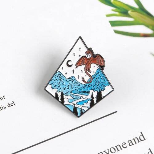 Geometric rhombus Night sky Moonlight forest Red dragon hovering Brooch Explore the nature fantasy badge Gift for children