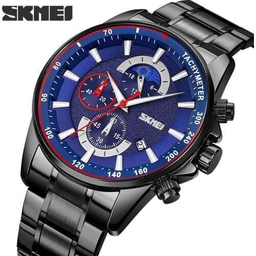 SKMEI Casual Mens Watches Top Luxury Sports Quartz Full Steel Waterproof Stopwatch Moonphase Date Male Clock Relogio Masculino
