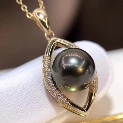 D928 Pearl Pendant Fine Jewelry Solid 18K Gold Round 10-11mm Nature Sea Water Tahiti Black Pearls Pendants Necklaces for Women