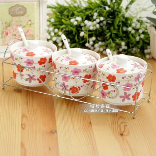 Rustic Flower Ceramic Spice Jar Seasoning Box Salt Tank Creative Kitchen Supplies Three Pieces Set 3 Spice Jars+3 Spoons+1 Shelf