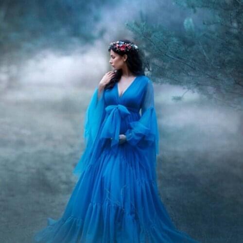 Elegant Blue Tull Ruffles Maternity Dress Long Robe Sexy V-neck Flare Sleeves Pregnant Women Gowns To Photo Shoot Mesh Dressing