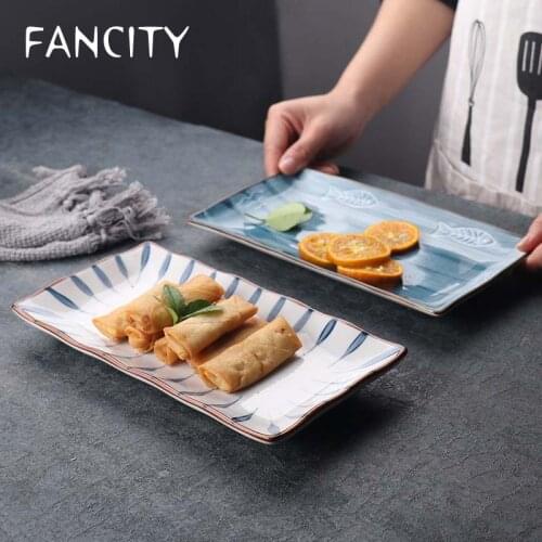 FANCITY Japanese retro hand-painted ceramic sushi plate rectangular plate dessert plate fish plate Japanese cuisine plate set pl